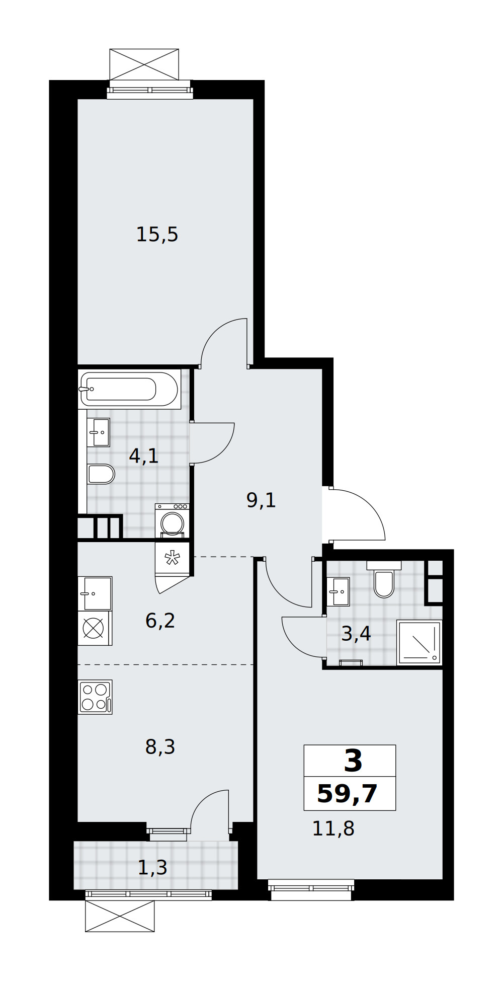 Южные сады — 3-комнатная · 59,7 м²