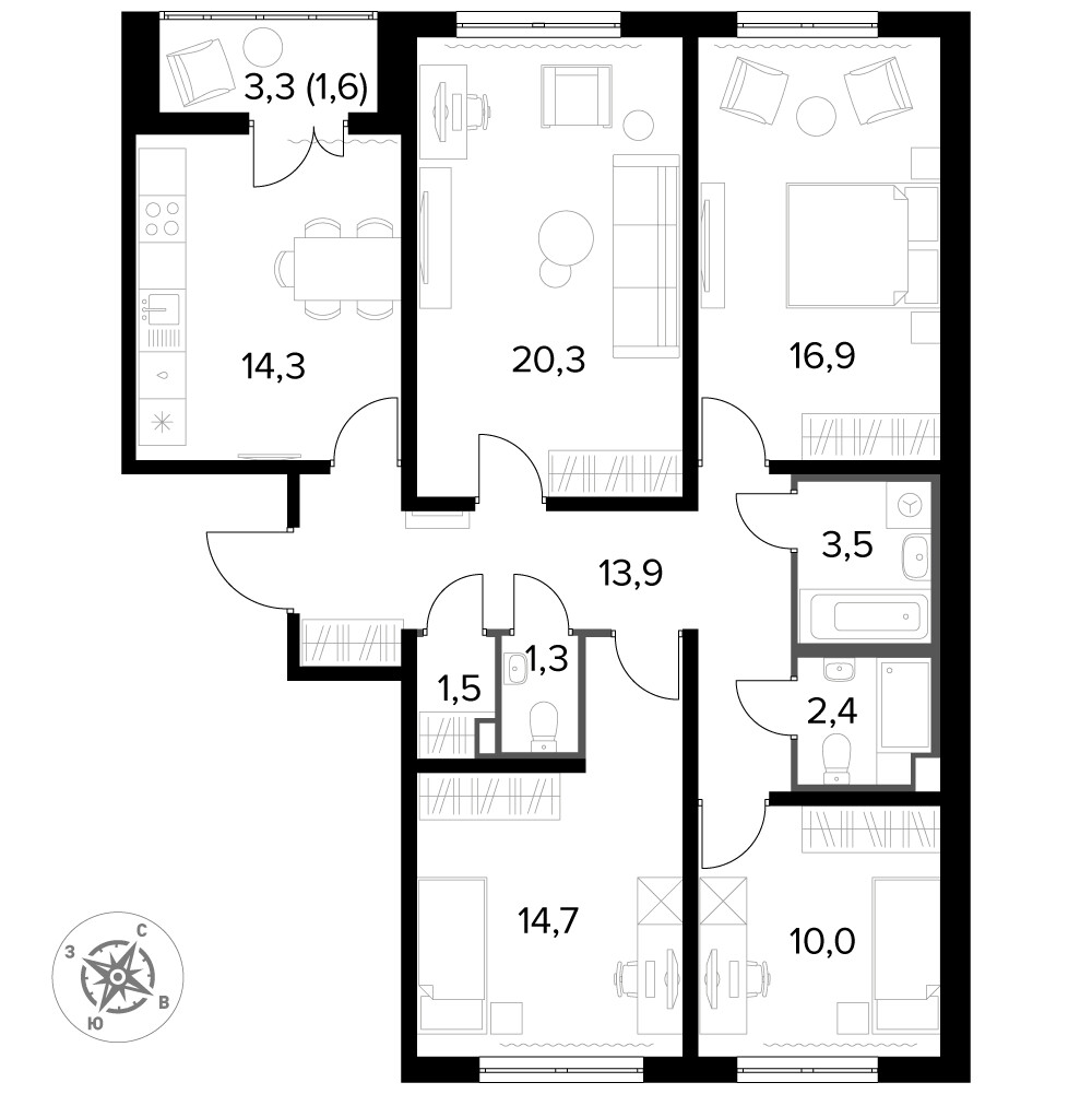 Южная Битца — 4-комнатная · 100,7 м²