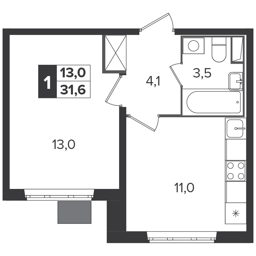 Южная Битца — 1-комнатная · 31,5 м²