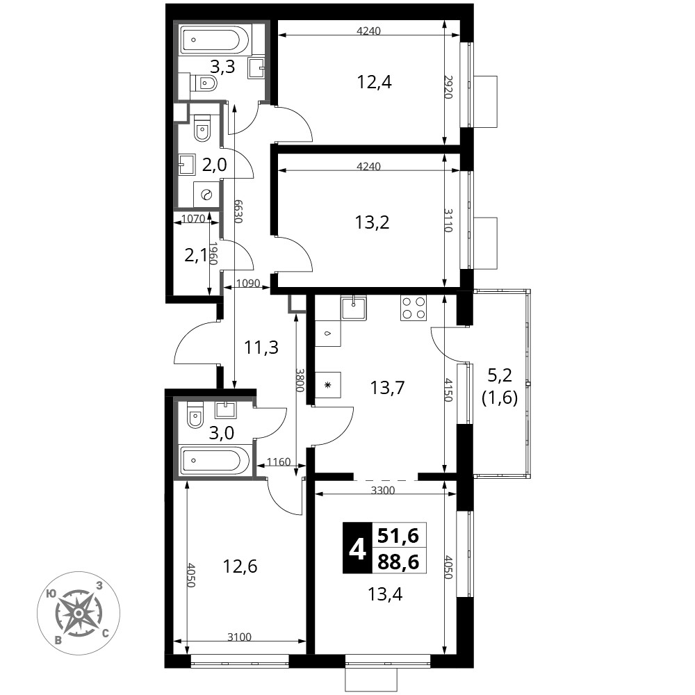 Южная Битца — 4-комнатная · 89,0 м²